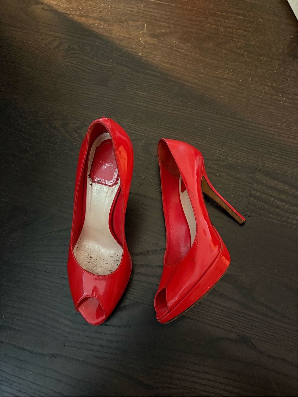 Dior Red Patent Peep-Toe High Heels - Women